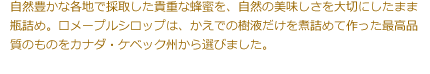 自然豊かな各地で採取した貴重な蜂蜜を、自然の美味しさを大切にしたまま瓶詰め。メープルシロップは、かえでの樹液だけを煮詰めて作った最高品質のものをカナダ・ケベック州から選びました。